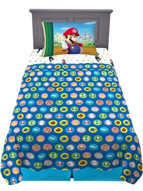 Nintendo Super Mario Kids Bedding Set - Blue Multicolour Comforter & Pillowcase